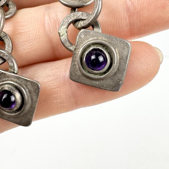 Vintage SCB Earrings 925 Sterling Silver Real Amethyst Purple Yellow Stone Chain - Picture 4 of 13